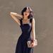 European American Style 2024 Women's Autumn And Winter New Fashion Square-neck Ruched Large Hem Waist-slimming Mesh_ecoleips.com