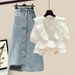 Plus Size Women's Summer Outfit Set: V-Neck Blouse & High-Waist Denim Skirt For Curvy Ladies_ecoleips.com