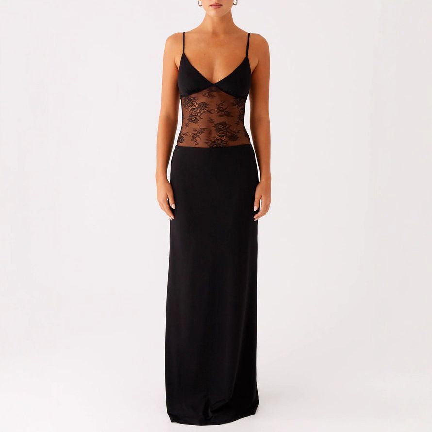 Women's Sexy Backless Halter Lace Panel Black Maxi Dress – Elegant French Style Gown_ecoleips.com