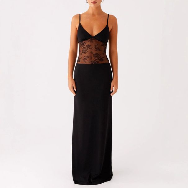 Women's Sexy Backless Halter Lace Panel Black Maxi Dress – Elegant French Style Gown_ecoleips.com