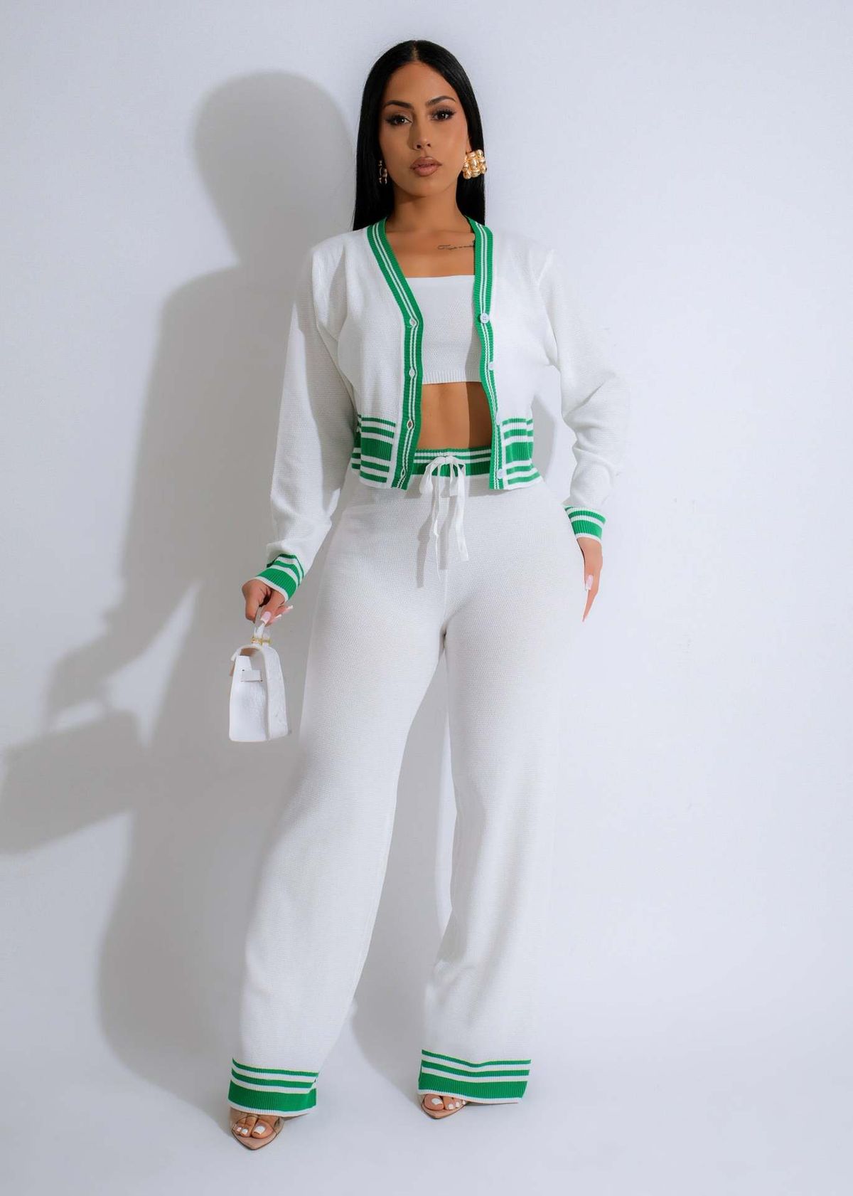 Women’s Clothing autumn and winter new women's striped cardigan knitted casual three piece suit_ecoleips.com