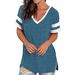 2024 Europe And The United States Spring And Summer New Women's Base Shirt Solid Color V-neck Splicing Short Sleeve Loose T-shir_ecoleips.com