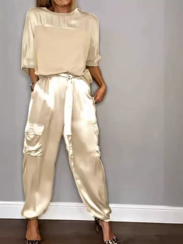 Fashionable Satin Semi-Sleeve Top And Pants Set For Women_ecoleips.com