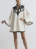 Freeacy Hollowed V-neck Mini Dress For Women Flared Sleeves A-line Pleated Dress 2026 Stylish Contrast Trims Elegant Party Dress_ecoleips.com