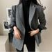 Chic Korean Autumn Retro Notched Lapel Two-Button Loose-Fit Herringbone Blazer For Women_ecoleips.com