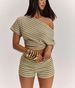 Women's Summer Striped Casual Slim Fit Top And Shorts Set Off Shoulder Short Sleeve High Waisted_ecoleips.com