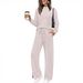 Women's Split Hem Long Sleeve Lounge Set – Stretchy Round Neck Pullover & Joggers (Black, Beige, Khaki, Dark Gray, Navy, Army Green)_ecoleips.com