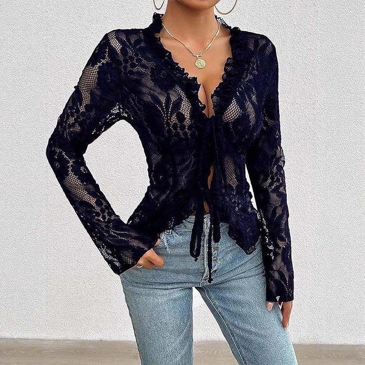 Women's Long Sleeve Lace Blouse, Deep V Neck Ruffled Sheer Mesh Top With Front Tie, Elegant Slim Fit Floral Lace Shirt For Daily Casual Club Party Nig_ecoleips.com
