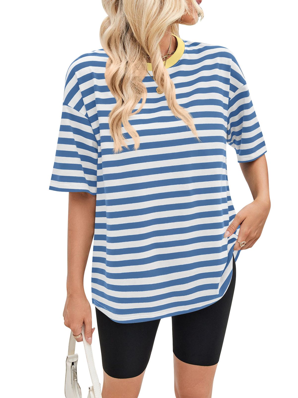 Women's Clothing Summer Loose Casual Striped Color Matching Round Neck Five Point Sleeve T Shirt Female_ecoleips.com