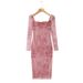 European And American Style Square-neck Backless Long-sleeve Mesh Printed Sexy Tight-fitting Bodycon Midi Dress, Autumn_ecoleips.com