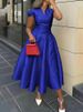 Freeacy Women's Elegant Dress V-neck Cap Sleeves Slim Fit A-line Party Dresses Solid Color High Waist Pleated Midi Dress_ecoleips.com