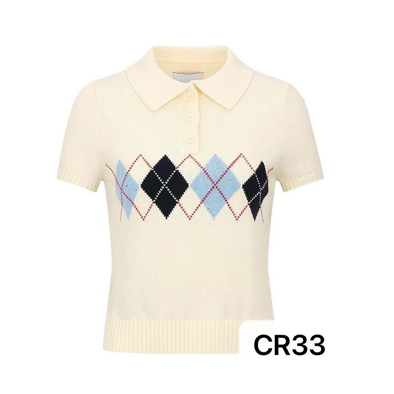 Women's Preppy French-Inspired Argyle Polo Knit Top Classic Colors Breathable Wrinkle-Resistant Short Sleeve Sweater_ecoleips.com