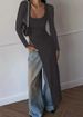 Women's Fashion Rib-Knit Long Sleeve T-Shirt Slim Fit Round Neck Casual Stretch Top For Daily Wear_ecoleips.com