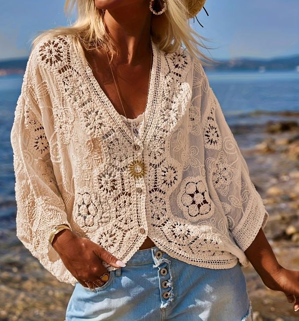 Breathable V-Neck Knit Cardigan – Lightweight Lace Cover-Up For Spring & Summer_ecoleips.com