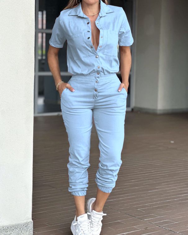 Women's Clothing Casual Fashion Women's Leggings Jumpsuit Lapel Pocket Waist Elastic Button Jumpsuit_ecoleips.com