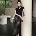 Light Mature Niche Design Set For Women In Summer, Wearing Chiffon Shirts And Black Gold Printed Skirt, With A_ecoleips.com