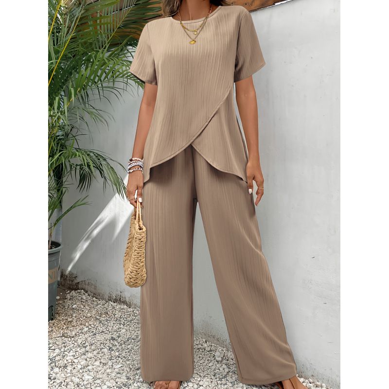 Women's Clothing Two Piece Suit Short Sleeved Pullover Round Neck Loose Casual Irregular Suit_ecoleips.com
