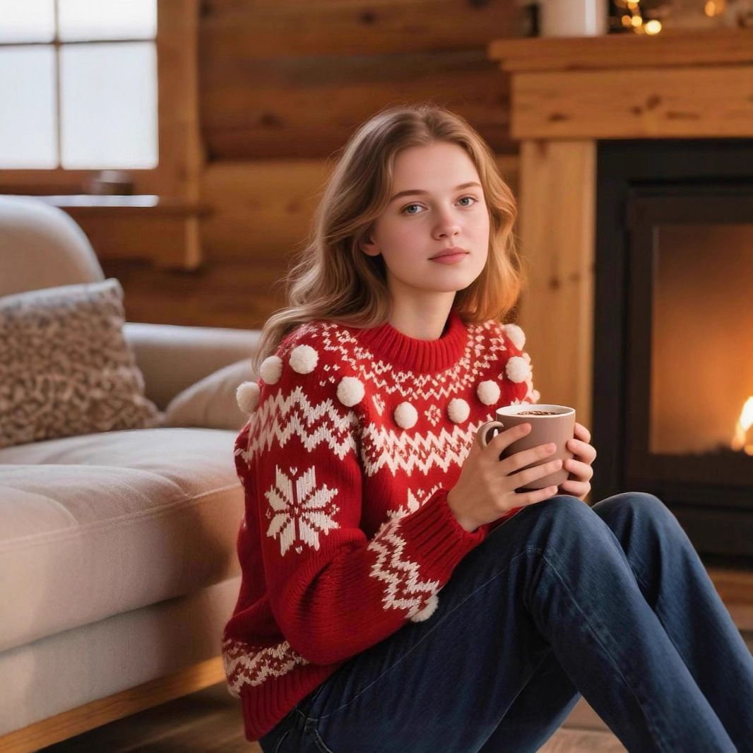 Festive Knit Christmas Sweater For Women – Soft Pullover With Faux Fur Details (XS-XL, Classic Red)_ecoleips.com