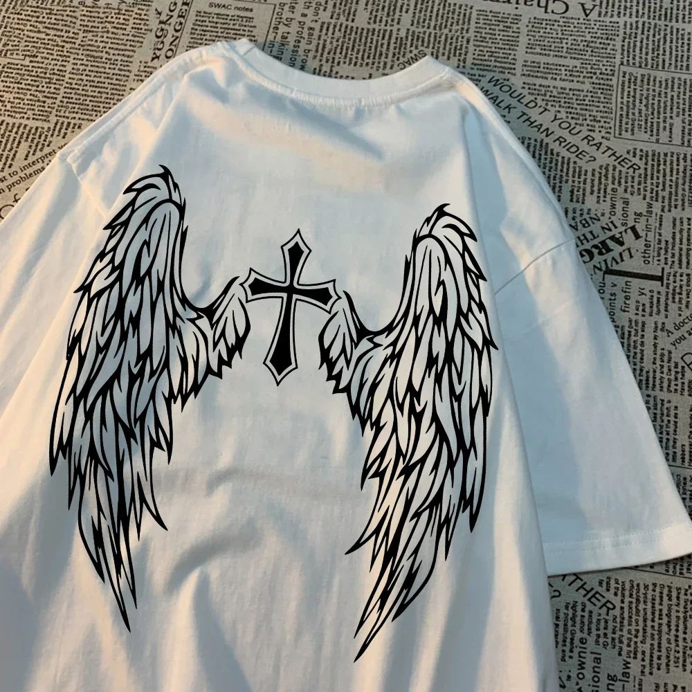 Casual Womens T-Shirts Cross Body And Flying Wings Funny Prints Short Sleeve O-Neck Soft Fashion Female Clothes_ecoleips.com