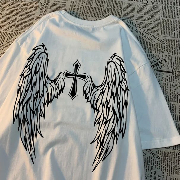 Casual Womens T-Shirts Cross Body And Flying Wings Funny Prints Short Sleeve O-Neck Soft Fashion Female Clothes_ecoleips.com