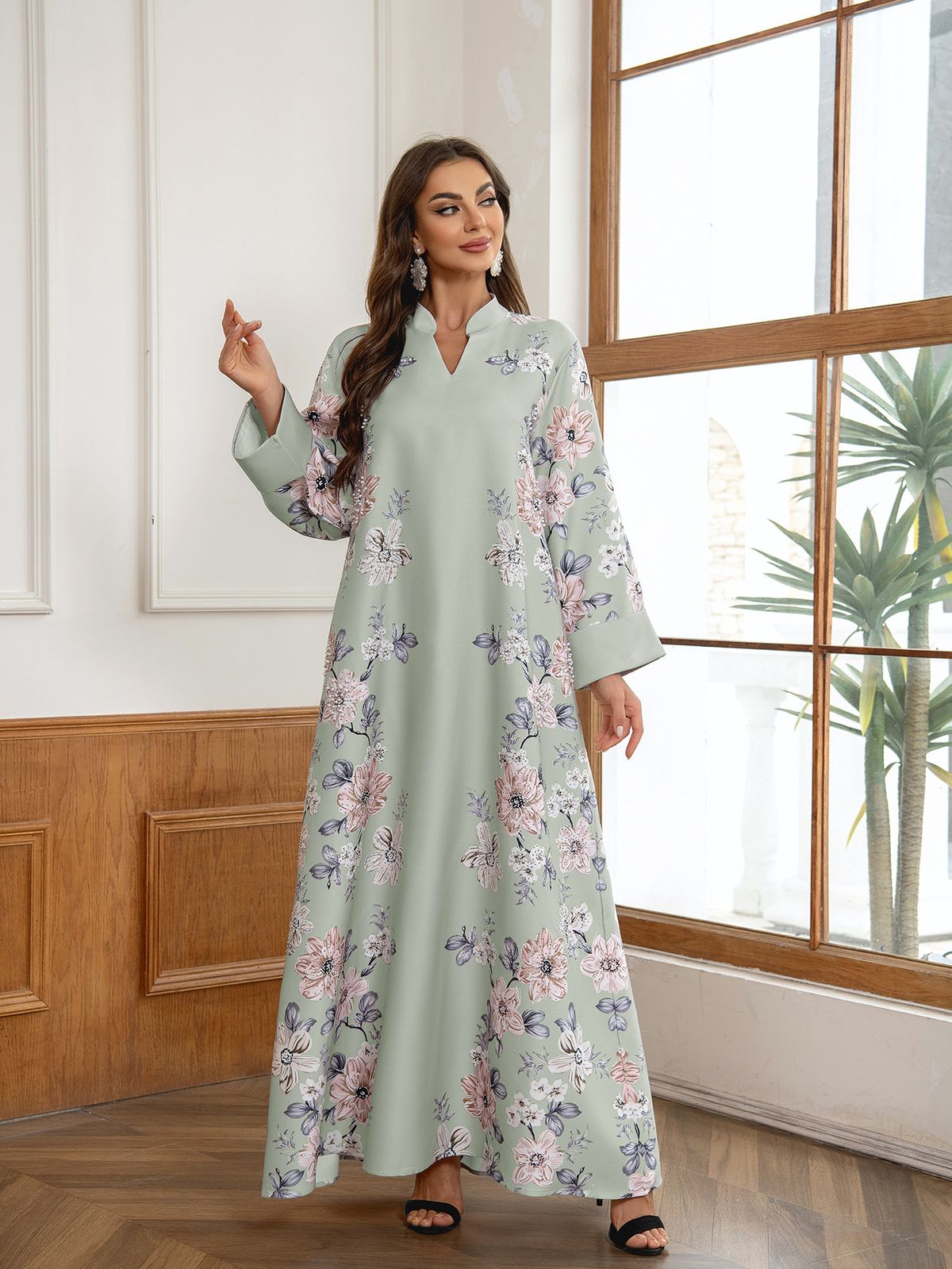 Women's Clothing Middle East Saudi Arabia Muslim Robe Flower Print Beaded Arabic Dress Abaya_ecoleips.com