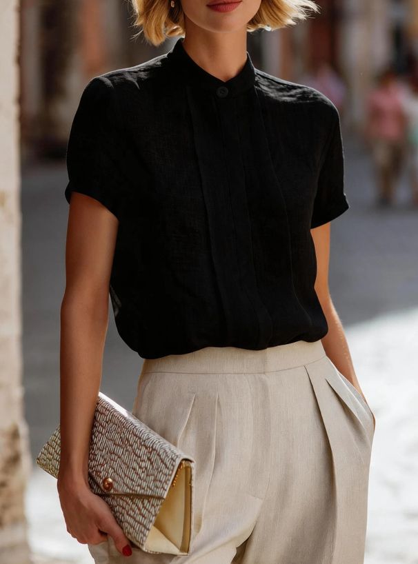 Women's French-Inspired Stand Collar Blouse Casual Work Shirt Short Sleeve Elegant Top_ecoleips.com