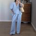 2025 Spring And Summer New Sweet Pure Color Suit Cotton V-neck Top Puff Sleeve Short Sleeve Long Pants Two-piece Suit_ecoleips.com