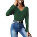Voya Women's New Loose Casual V-neck Patchwork Lace T-shirt Long Sleeved Fashionable Top_ecoleips.com