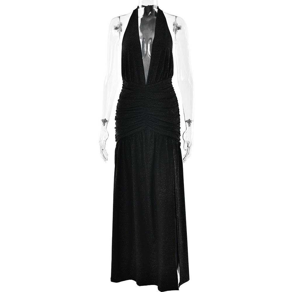 Elegant V-neck Backless Bodycon Dress With Shirred Detailing - Versatile Staple For Women's Wardrobe_ecoleips.com