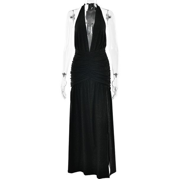 Elegant V-neck Backless Bodycon Dress With Shirred Detailing - Versatile Staple For Women's Wardrobe_ecoleips.com