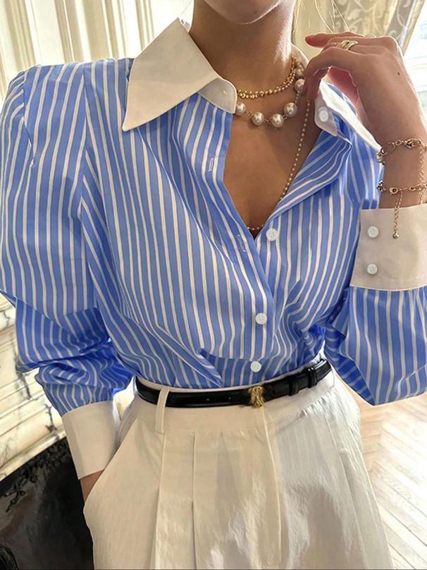 Women's Clothing Striped Patchwork Shirt Loose Casual Lapel Outerwear Shirt_ecoleips.com