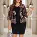 Elegant Plus Size Black Sequin Embroidered Blazer With Sleeveless Vest And Midi Dress Set – Street Chic Outfit For Women (0XL-5XL)_ecoleips.com