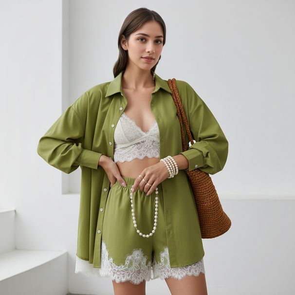 European American Design Green Women's Cotton-linen Suit, Long-sleeve Lace Patchwork Collared Shirt Top And Shorts_ecoleips.com