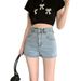 Summer Elastic Bodycon Skirt With Bow Embroidery, Denim Shorts Petite Women, High-waisted A-line Straight Ultra-short_ecoleips.com