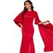 Vintage-Inspired Wine Red Evening Gown – Flared Sleeve Satin Banquet Dress With U-Neck & Bodycon Silhouette For Cocktail Parties, Wedding Receptions_ecoleips.com