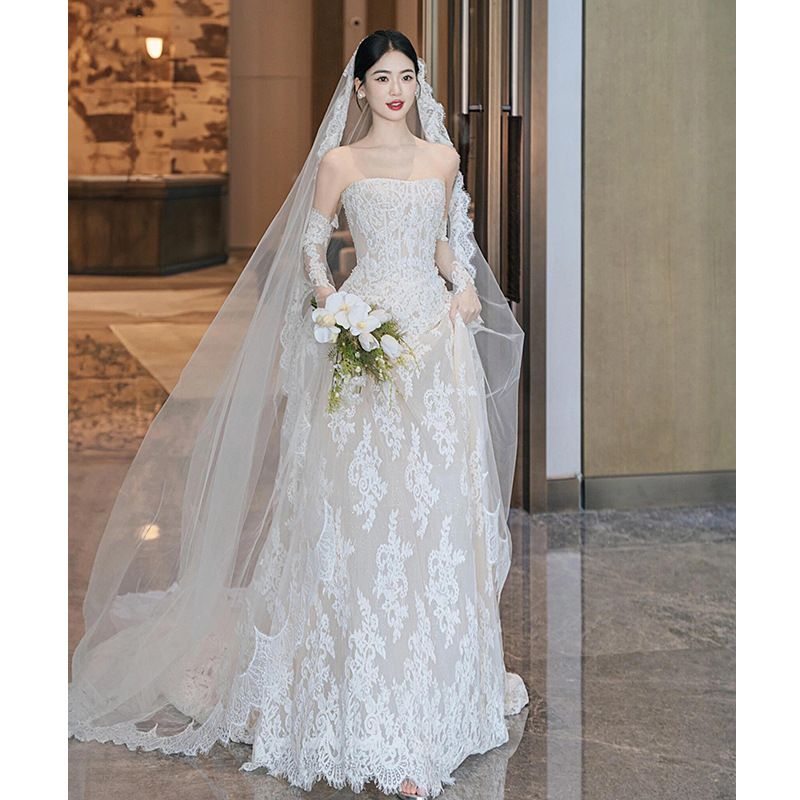 Vintage Lace Wedding Dress – Off-Shoulder A-Line Bridal Gown With Small Train, Boho Forest Bridal Dress For Outdoor Ceremony, Guest Welcome Dress_ecoleips.com