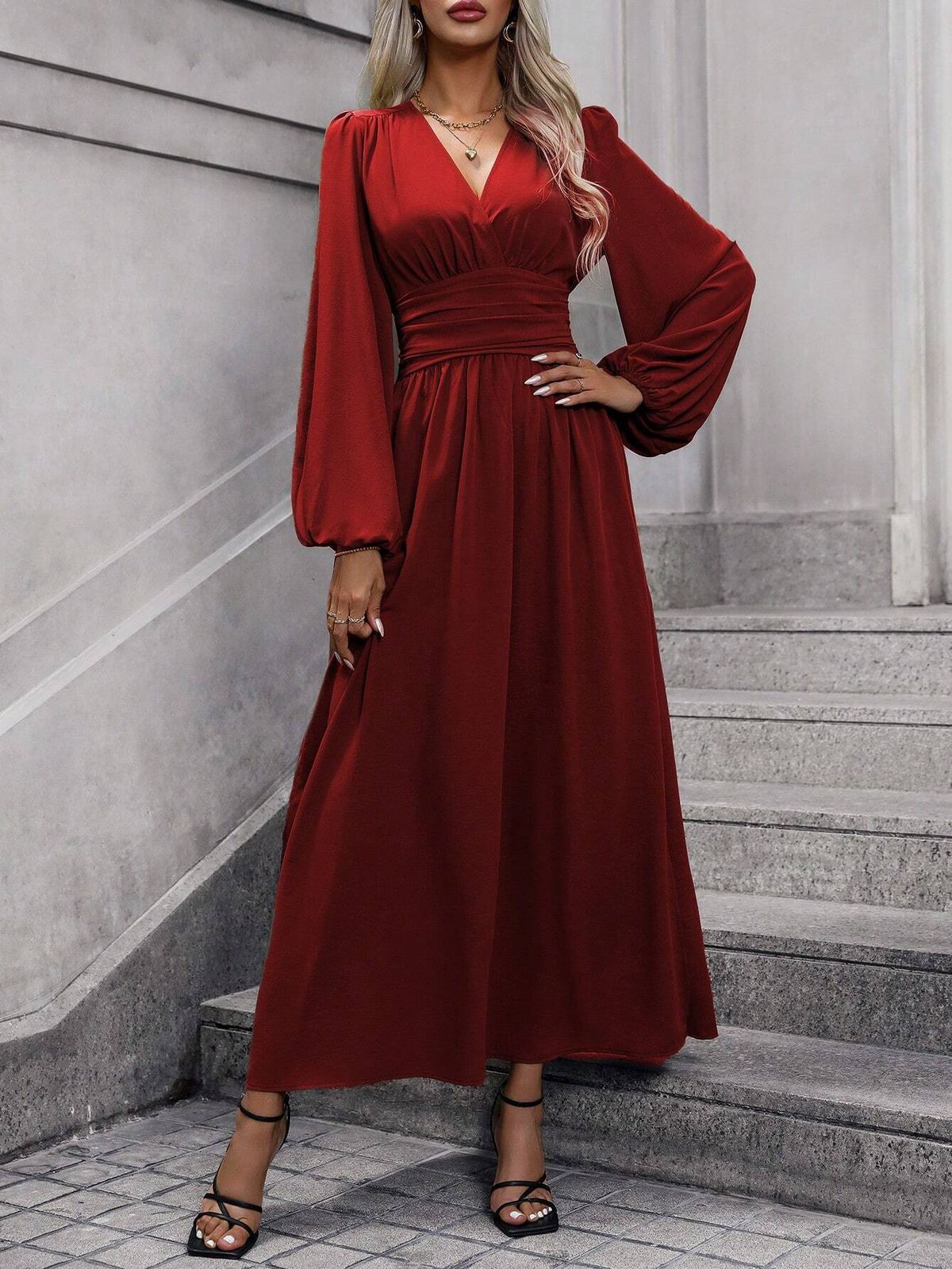 Women's Lantern Sleeve High Slit Dress Autumn Winter High Slit Dress Lantern Sleeve_ecoleips.com