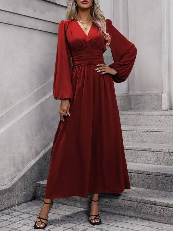 Women's Lantern Sleeve High Slit Dress Autumn Winter High Slit Dress Lantern Sleeve_ecoleips.com