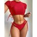Women's Two Piece Bikini Comfort And Style Short Sleeve Mesh Solid Color Sexy Tie Waist Swimsuit_ecoleips.com