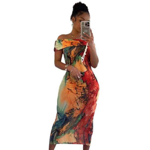 Women's Clothing Sexy One Shoulder Printed Sleeveless Elastic Hip Dress_ecoleips.com