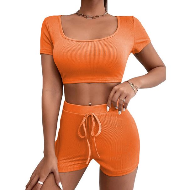 Women's Clothing Summer Women's Solid Color Crop Top Square Neck Sports And Leisure Suit Fashion Outfit Loose Fit Summer Two Piece Set_ecoleips.com