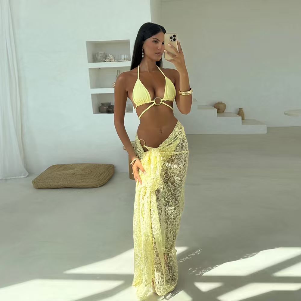 Women's Clothing Lace Maxi Dress Three Piece Solid Color Bikini Set Sexy Vacation Beachwear Polyester Spring/Summer_ecoleips.com