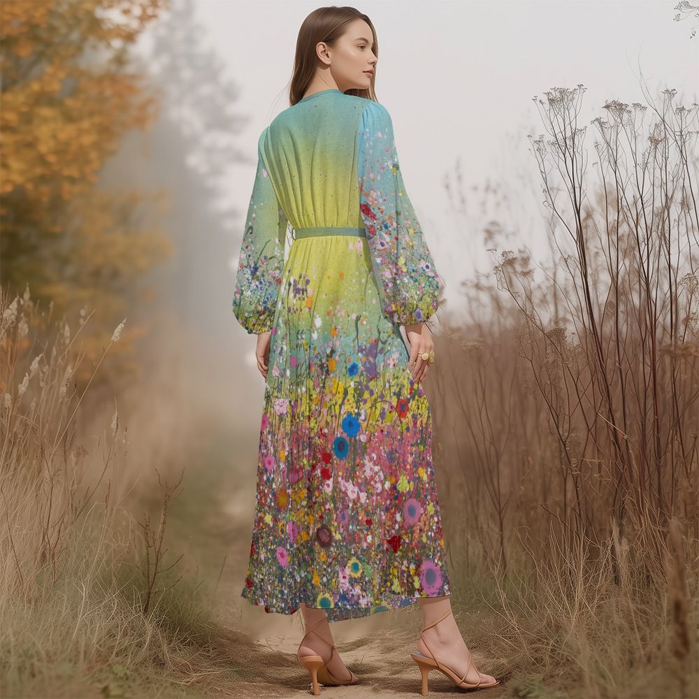 Women's V-Neck Dress Summer Fashion Floral Puff Sleeve Dress_ecoleips.com