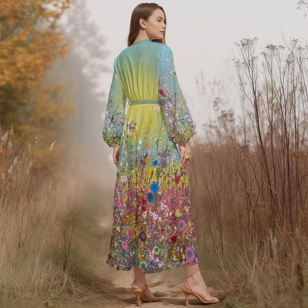 Women's V-Neck Dress Summer Fashion Floral Puff Sleeve Dress_ecoleips.com