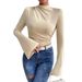 Women's Clothing Pleated Design Flared Sleeve Stand Up Collar Slim Fit Ladies T Shirt_ecoleips.com