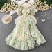 Women's French Style Chiffon Printed Dress Square Neck Puff Sleeve Ruffles Slimming And Flattering for Vacation_ecoleips.com