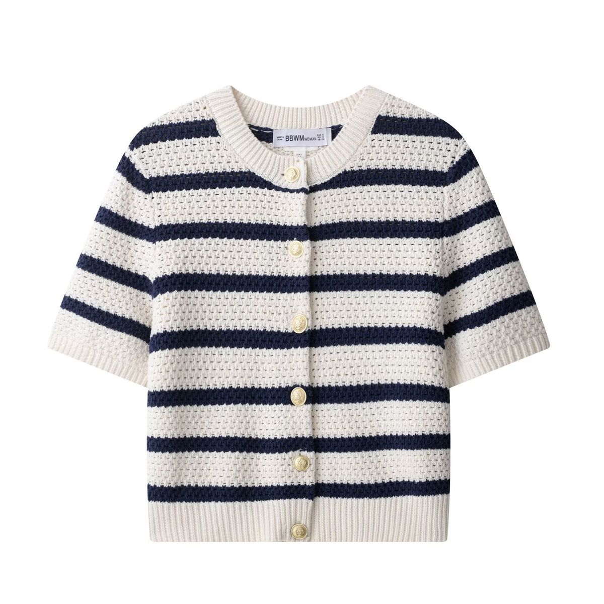 Breathable Color-Block Striped Knit Cardigan For Women, Textured Openwork Loose-Fit Short Sleeve Cover-Up_ecoleips.com