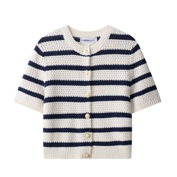 Breathable Color-Block Striped Knit Cardigan For Women, Textured Openwork Loose-Fit Short Sleeve Cover-Up_ecoleips.com
