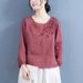 Embroidered Crew Neck Long-Sleeve T-Shirt For Women, Commuter Vintage Artistic Loose Solid Color Pullover Embroidered Ba_ecoleips.com