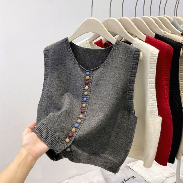 2026 Trendy Rainbow Button Knit Round Neck Vest For Women, Spring And Autumn Loose Fashionable Layered Sweater Top_ecoleips.com